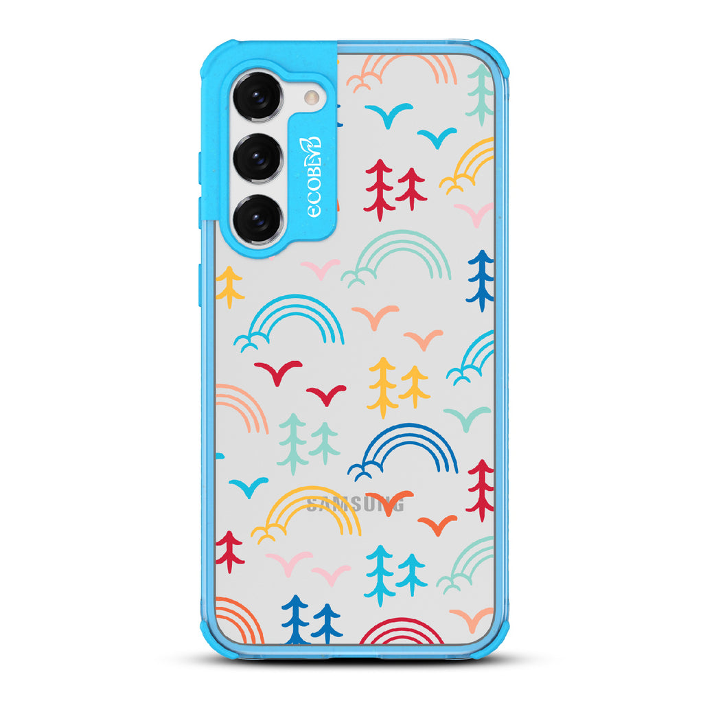 Happy Camper X Brave Trails - Blue Eco-Friendly Galaxy S23 Case with Minimalist Trees, Birds, Rainbows On A Clear Back