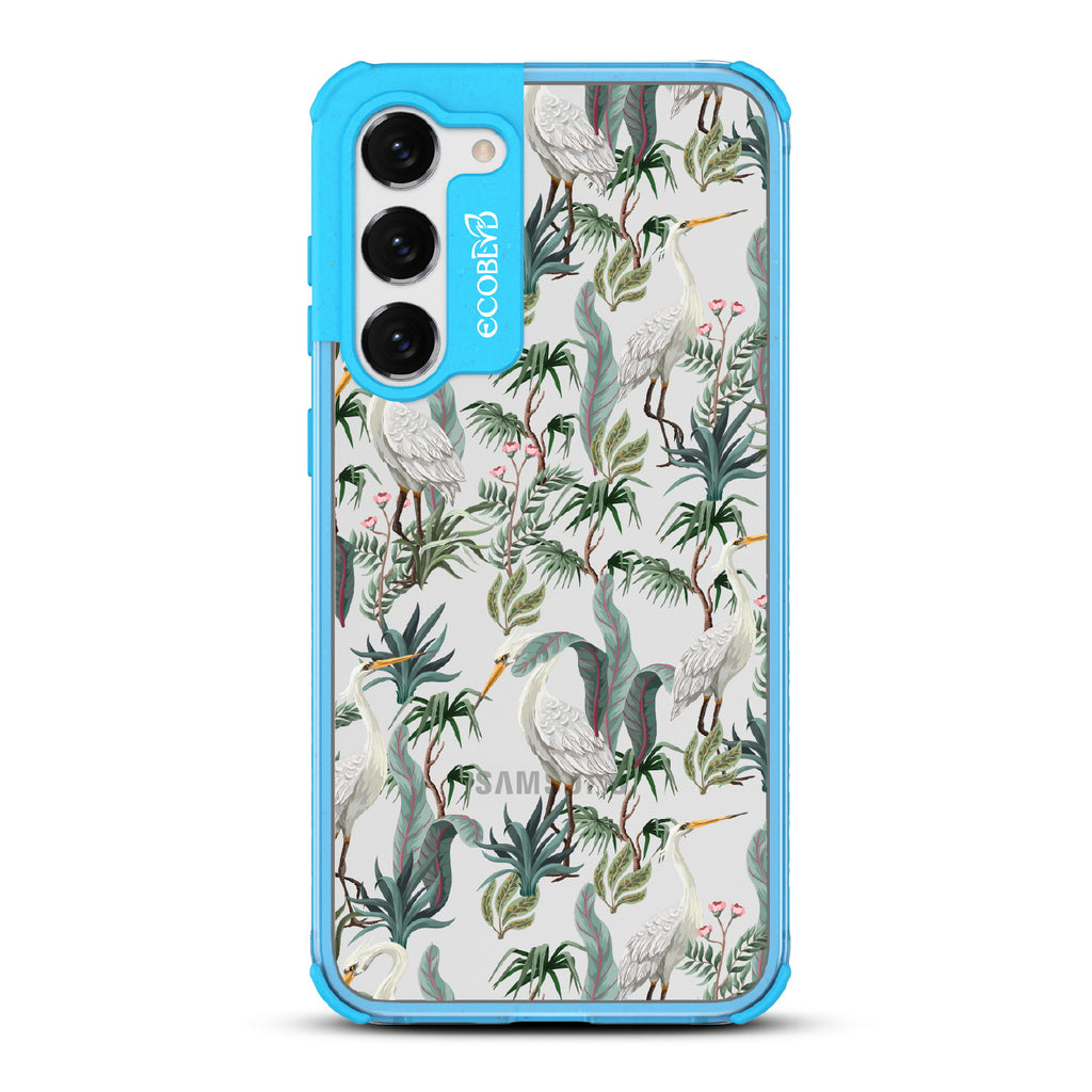 Flock Together - Blue Eco-Friendly Galaxy S23 Case With Herons & Peonies On A Clear Back