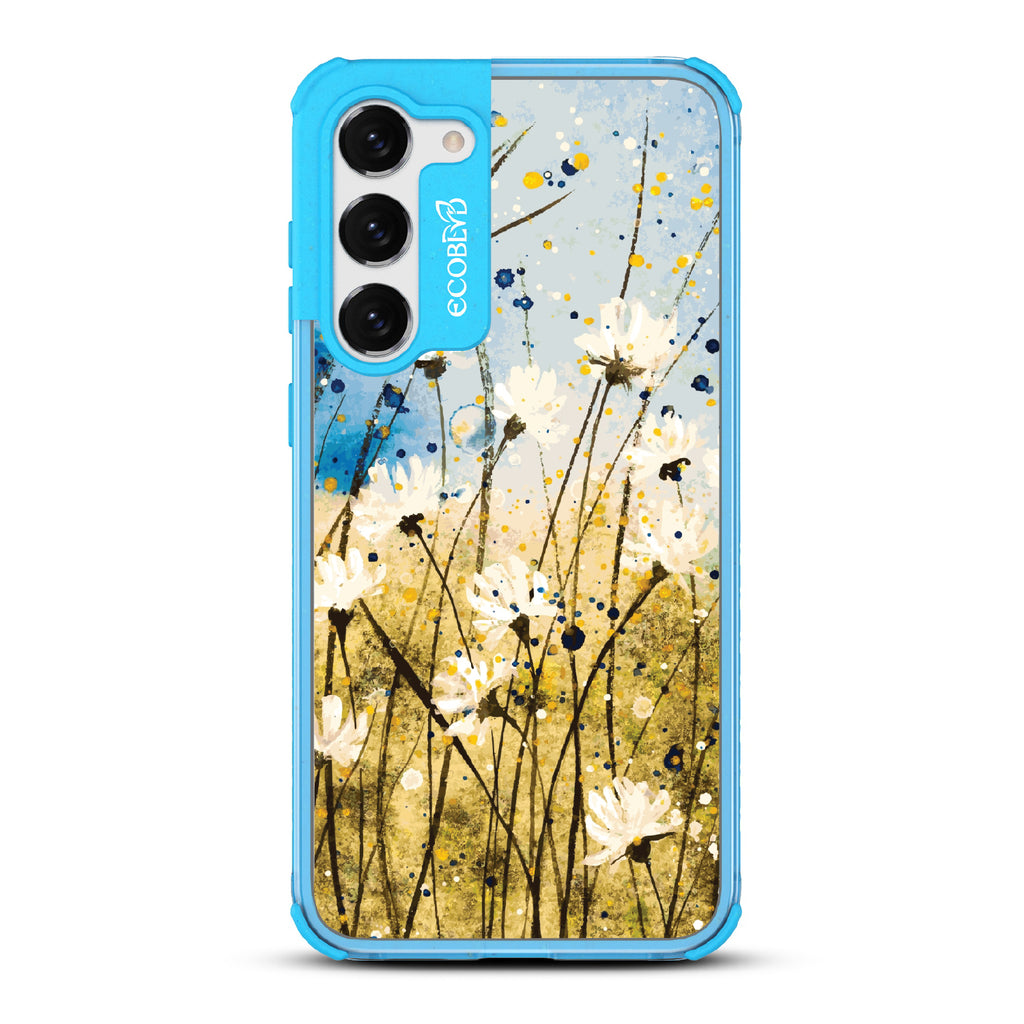 Samsung Galaxy S23 Plus case, clear eco-friendly phone case with blue ridges, back view, Dandelion Dance design