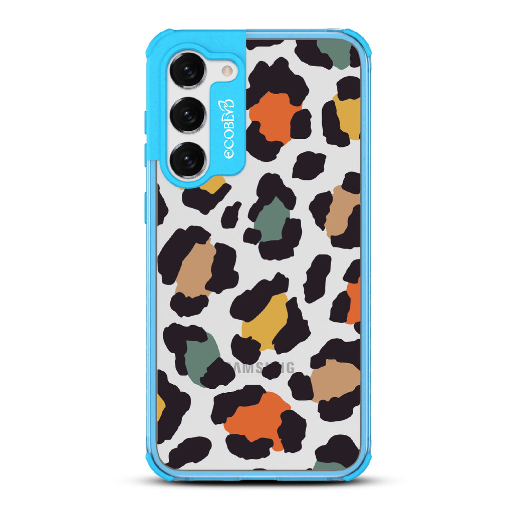 Cheetahlicious - Blue Eco-Friendly Galaxy S23 Plus Case With Multi-Colored Cheetah Print On A Clear Back
