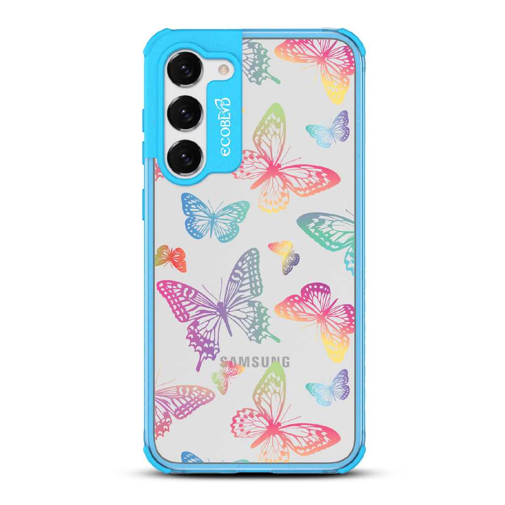 Butterfly Effect - Blue Eco-Friendly Galaxy S23 Case With Multi-Colored Neon Butterflies On A Clear Back