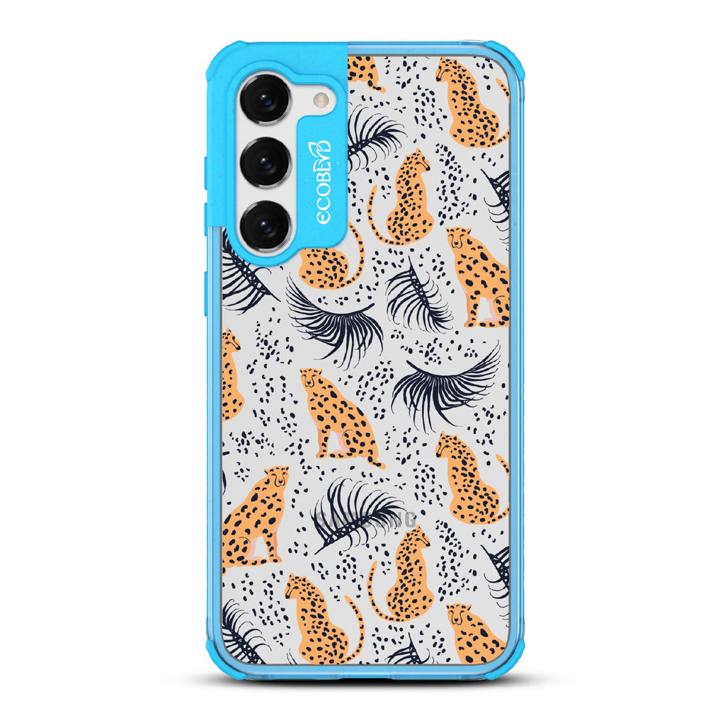 Feline Fierce - Blue Eco-Friendly Galaxy S23 Case With Minimalist Cheetahs With Spots and Reeds On A Clear Back