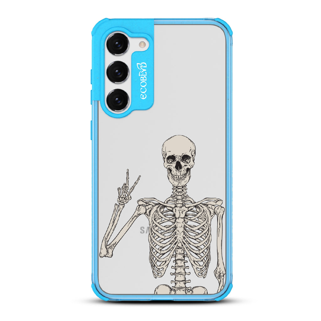 Creepin??????It Real - Blue Eco-Friendly Galaxy S23 Case With Skeleton Giving A Peace Sign On A Clear Back