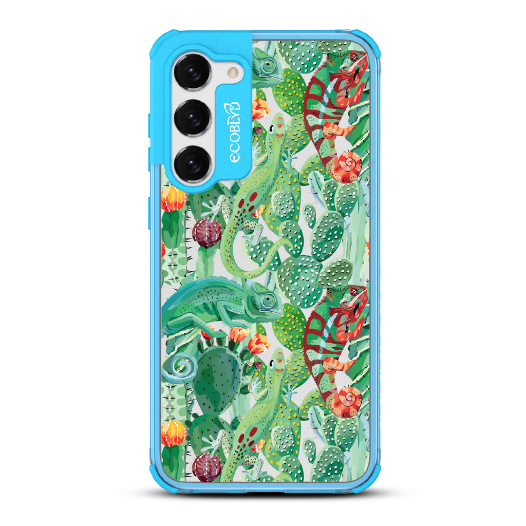 In Plain Sight - Blue Eco-Friendly Galaxy S23 Plus Case With Chameleons On Cacti On A Clear Back