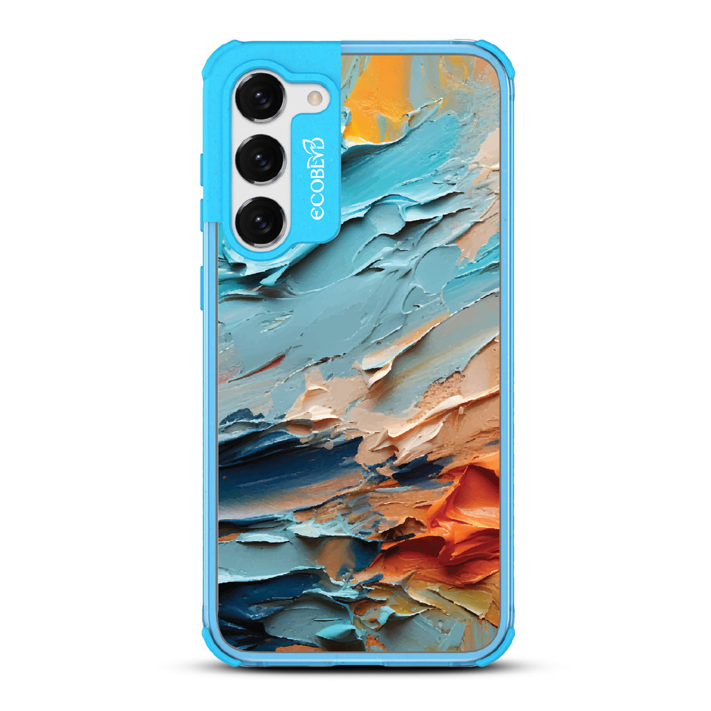 Samsung Galaxy S23 Plus case, clear eco-friendly phone case with blue ridges, back view, Frame of Mind design