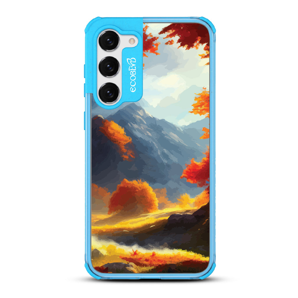 Autumn Canvas - Watercolored Fall Mountain Landscape - Eco-Friendly Clear Samsung Galaxy S23 Plus Case With Blue Rim 