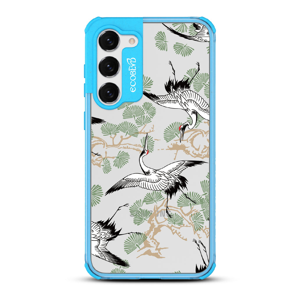 Graceful Crane - Blue Eco-Friendly Galaxy S23 Case With Japanese Cranes Atop Branches On A Clear Back