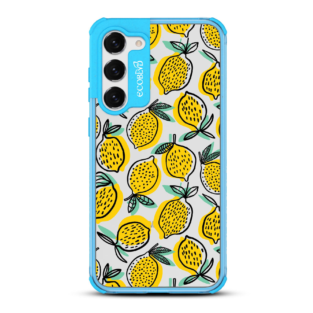 Lemon Drop - Blue Eco-Friendly Galaxy S23 Case With Retro Lemon Print On A Clear Back