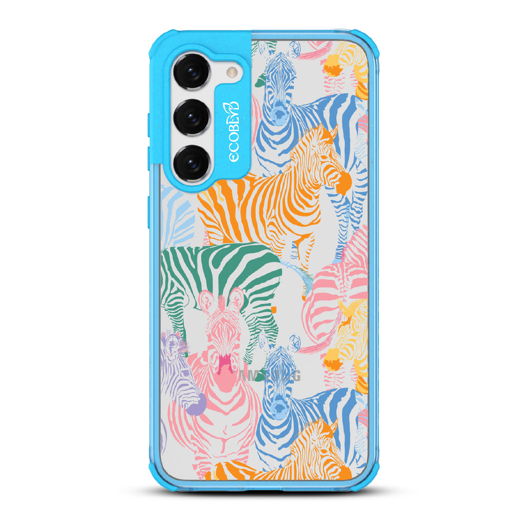 Colorful Herd - Blue Eco-Friendly Galaxy S23 Case With Zebras in Multiple Colors On A Clear Back