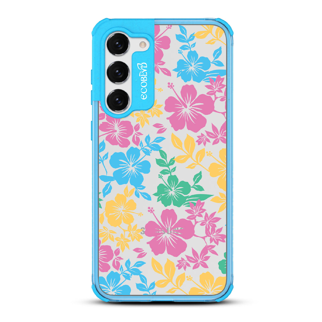  Lei'd Back - Blue Eco-Friendly Galaxy S23 Plus Case With Colorful Hawaiian Hibiscus Floral Print On A Clear Back
