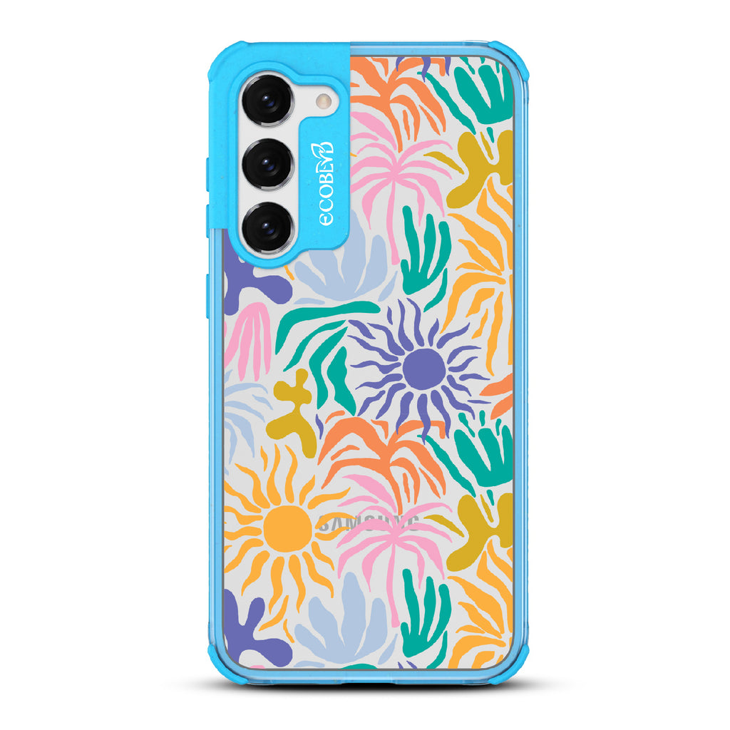 Sun-Kissed - Blue Eco-Friendly Galaxy S23 Case With Sunflower Print + The Sun As The Flower On A Clear Back