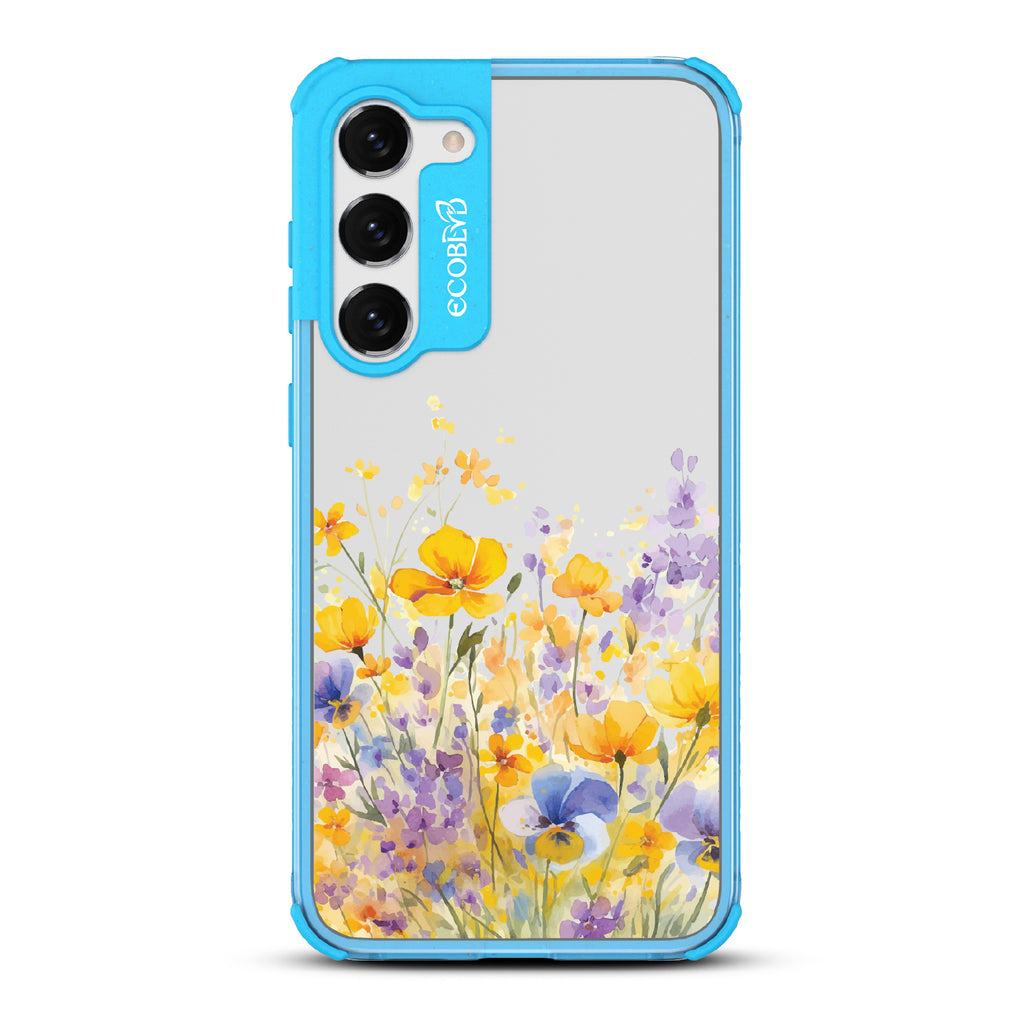 Samsung Galaxy S23 case, clear eco-friendly phone case with blue ridges, back view, Meadowlight design