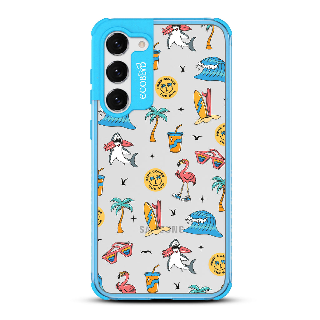 Here Comes The Sun - Blue Eco-Friendly Galaxy S23 Case: Sunglasses, Surfboard, Waves & Beach Theme On A Clear Back