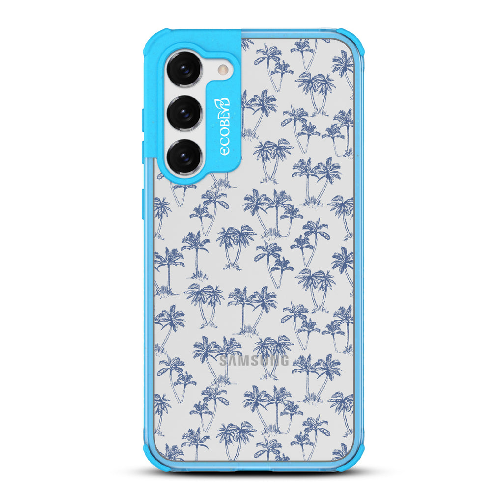 Endless Summer - Blue Eco-Friendly Galaxy S23 Plus Case With 50's-Style Blue Palm Trees Print On A Clear Back