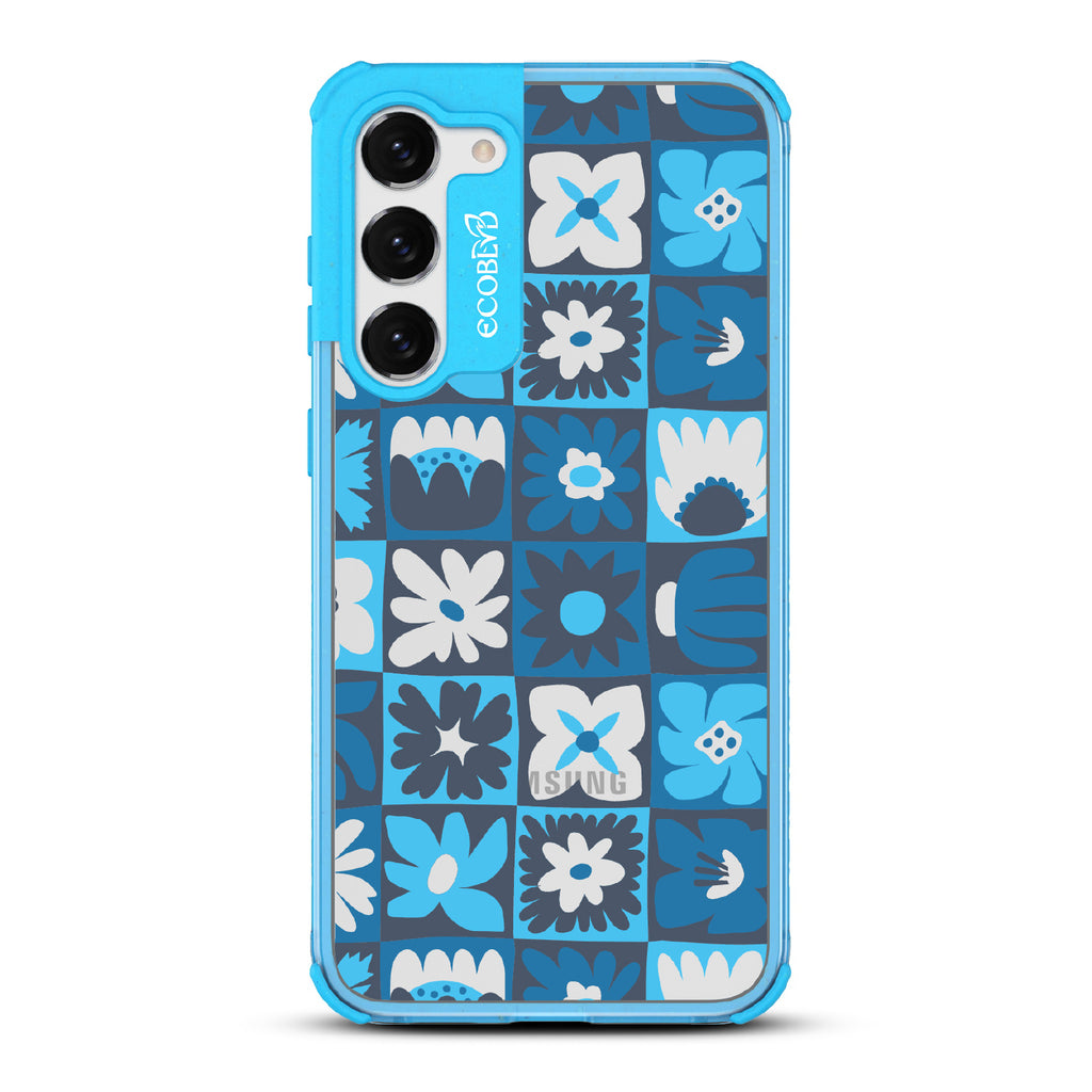 Paradise Blooms - Blue Eco-Friendly Galaxy S23 Case With Tropical Floral Checker Print On A Clear Back
