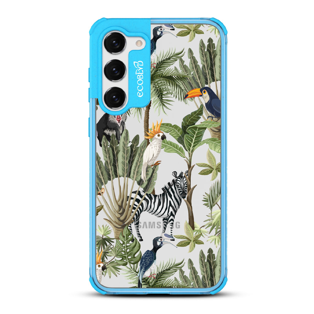 Toucan Play That Game - Blue Eco-Friendly Galaxy S23 Case With Jungle Fauna, Toucan, Zebra & More On A Clear Back