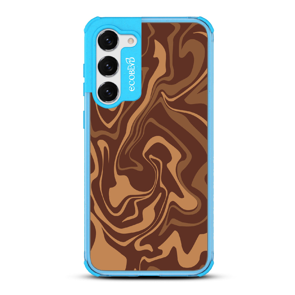 Samsung Galaxy S23 case, clear eco-friendly phone case with blue ridges, back view, Stirred & Swirled design