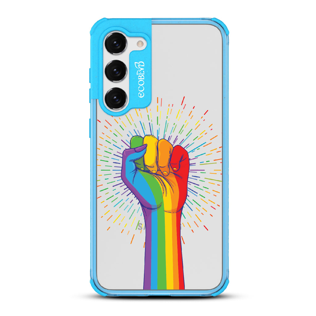 Rise With Pride - Blue Eco-Friendly Galaxy S23 Plus Case With Raised Fist In Rainbow Colors On A Clear Back