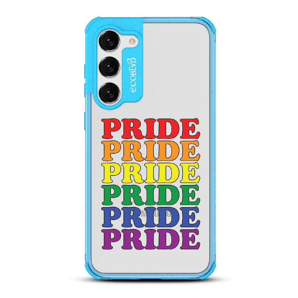 Pride Camp - Blue Eco-Friendly Galaxy S23 Case With Pride Stacked In Multiple Rainbow Colors On A Clear Back