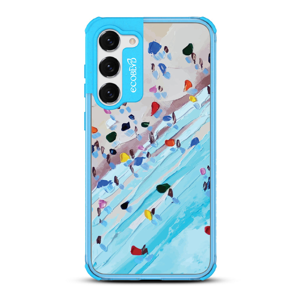 Samsung Galax case, clear eco-friendly phone case with blue ridges, back view, Waves of Color design S23