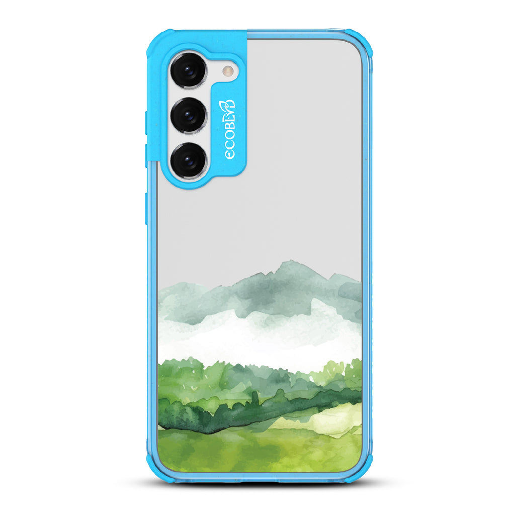 Samsung Galaxy S23 case, clear eco-friendly phone case with blue ridges, back view, Open Horizon design