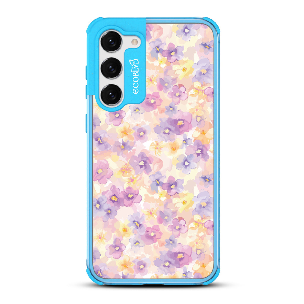 Samsung Galaxy S23 Plus case, clear eco-friendly phone case with blue ridges, back view, Flowering Thoughts design