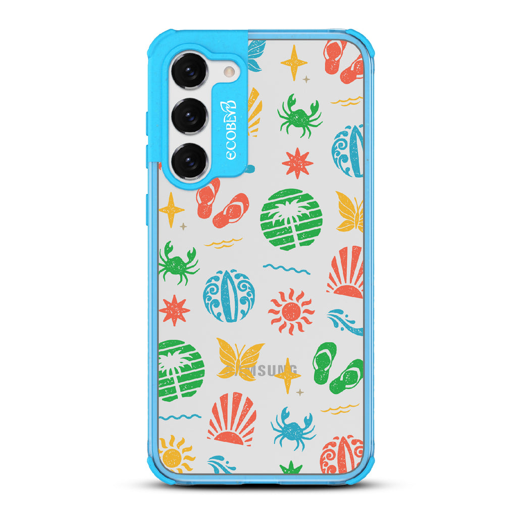 Island Time - Blue Eco-Friendly Galaxy S23 Case With Surfboard Art Of Crabs, Sandals, Waves & More On A Clear Back