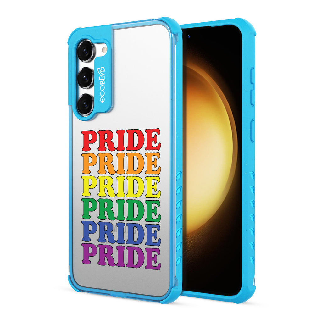 Pride Camp - Back View Of Blue & Clear Eco-Friendly Galaxy S23 Case & A Front View Of The Screen