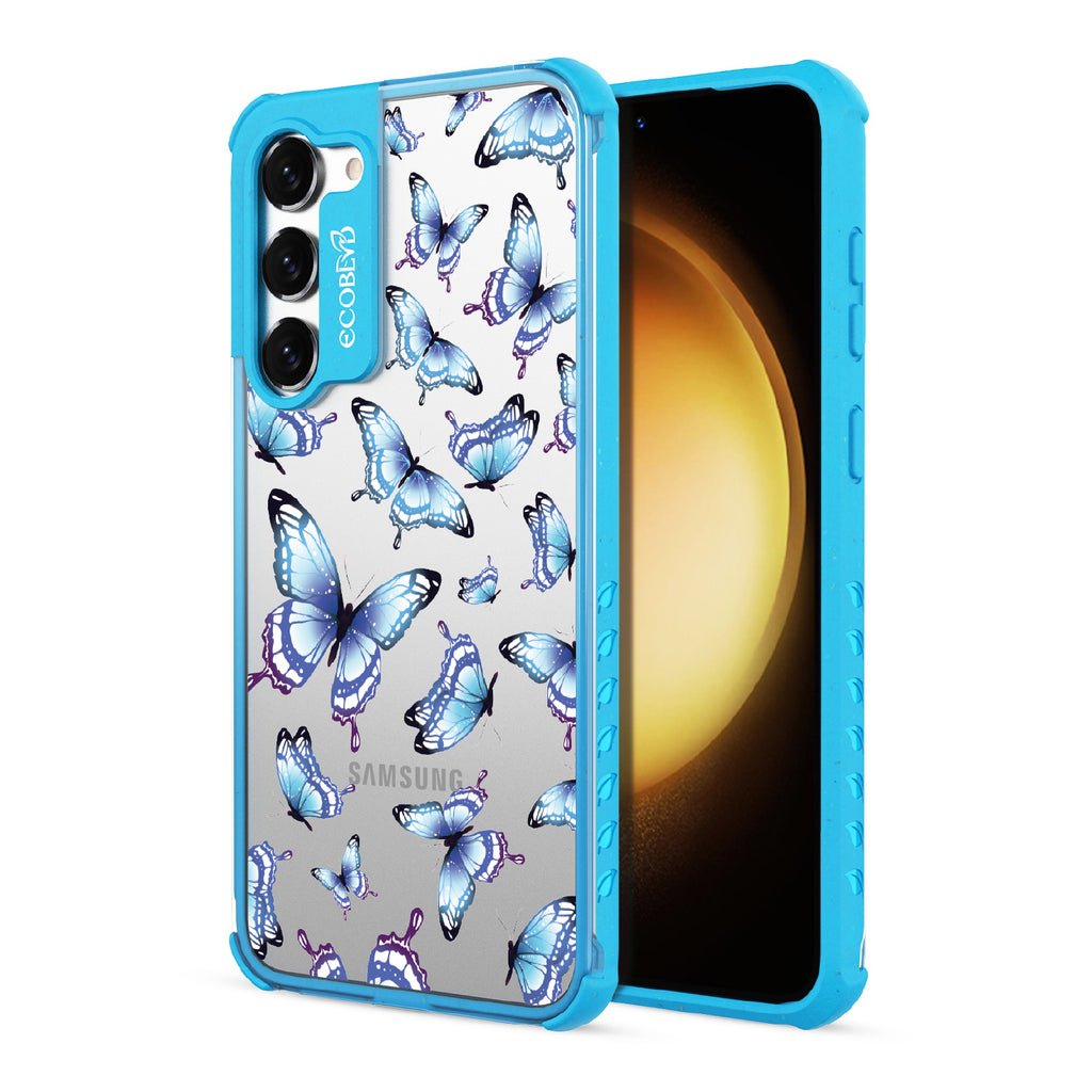 Social Butterfly - Back View Of Blue & Clear Eco-Friendly Galaxy S23 Case & A Front View Of The Screen