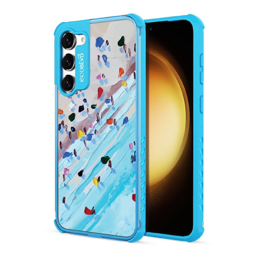 Front and back view of Samsung Galaxy S23 case, clear compostable phone case with blue ridges, Waves of Color design