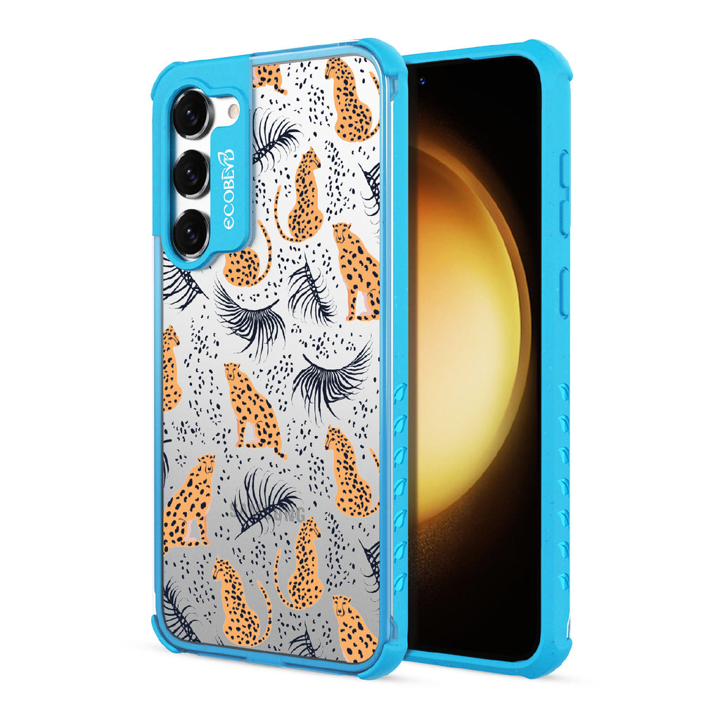 Feline Fierce - Back View Of Blue & Clear Eco-Friendly Galaxy S23 Case & A Front View Of The Screen