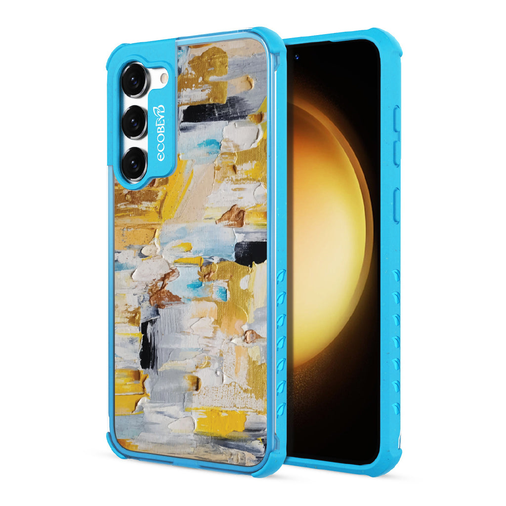 Front and back view of Samsung Galaxy S23 Plus case, clear compostable phone case with blue ridges, Lighten Up design