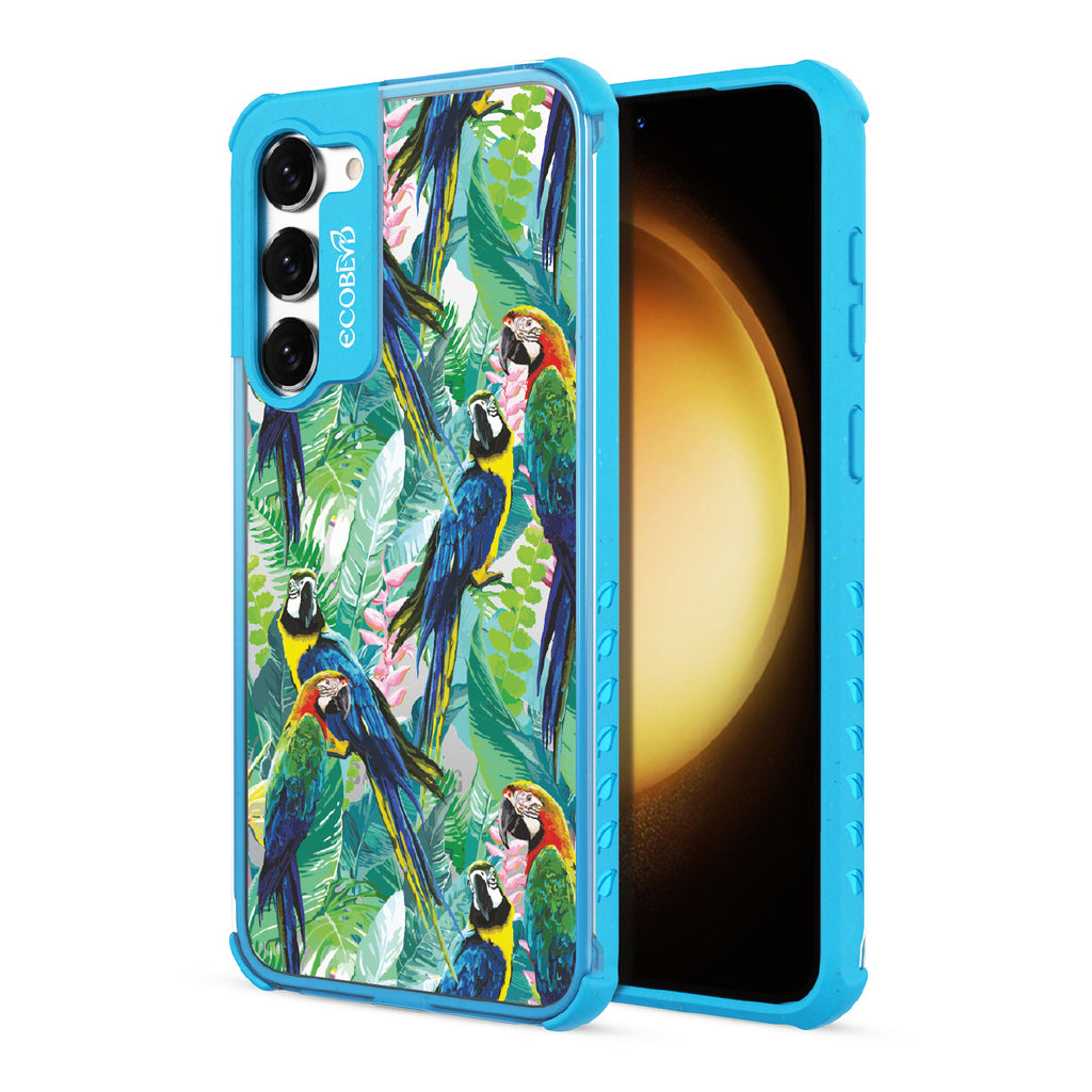 Macaw Medley - Back View Of Blue & Clear Eco-Friendly Galaxy S23 Plus Case & A Front View Of The Screen