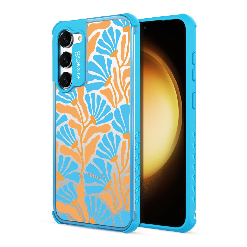 Floral Escape - Black Eco-Friendly Galaxy S23 Case With Tropical Flowers With Tan Base & Blue Petals On A Clear Back