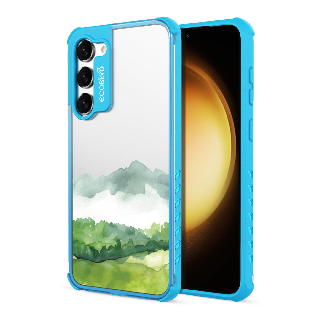 Front and back view of Samsung Galaxy S23 case, clear compostable phone case with blue ridges, Open Horizon design