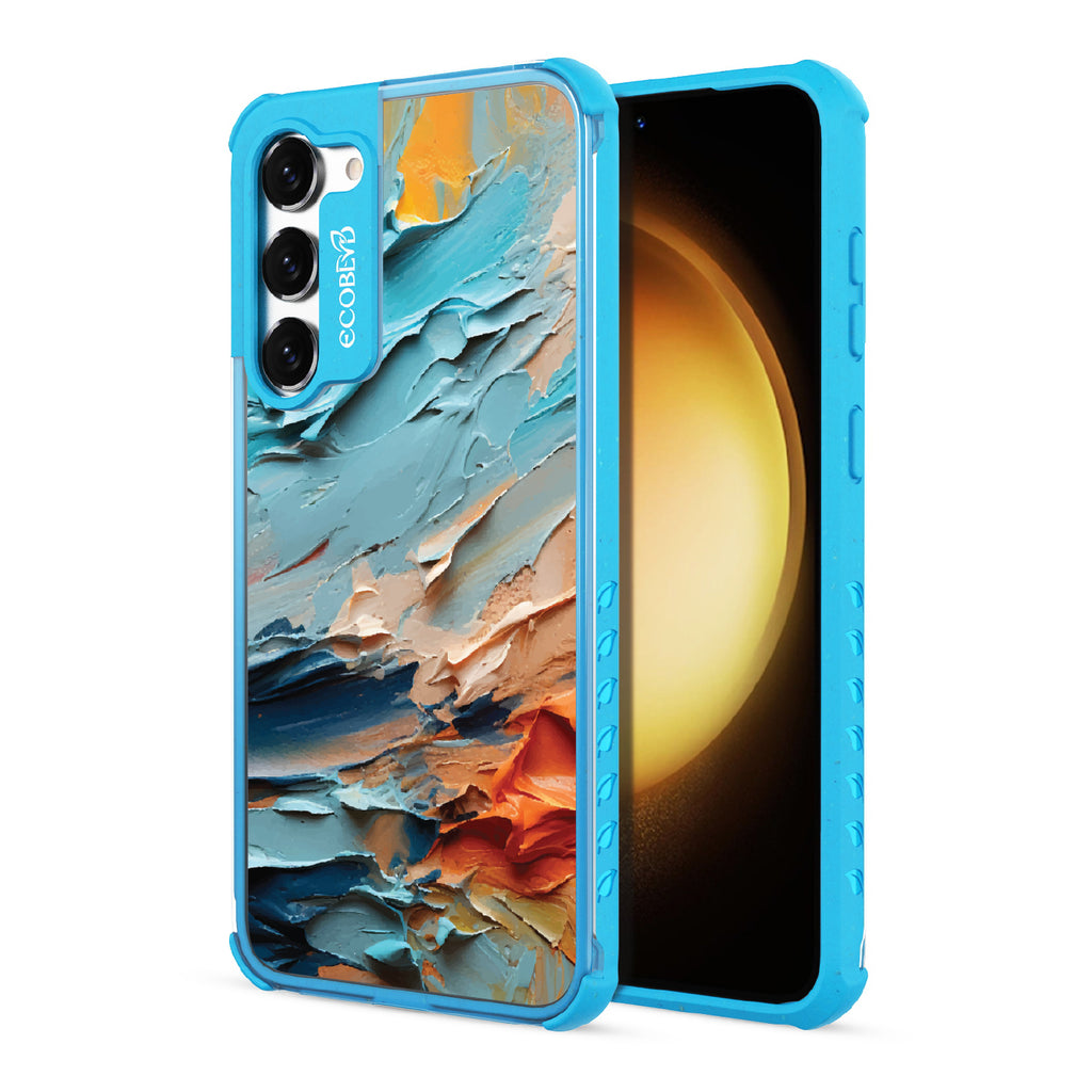 Front and back view of Samsung Galaxy S23 Plus case, clear compostable phone case with blue ridges, Frame of Mind design