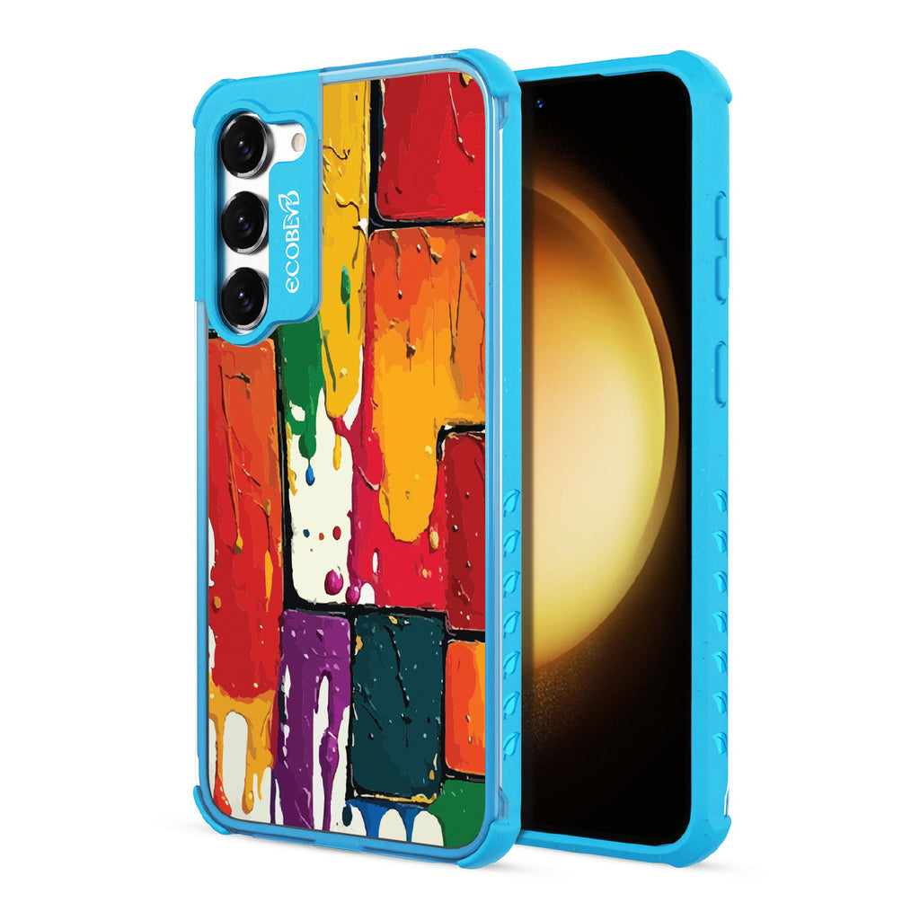 Front and back view of Samsung Galaxy S23 Plus case, clear compostable phone case with blue ridges, Color Me Mine design