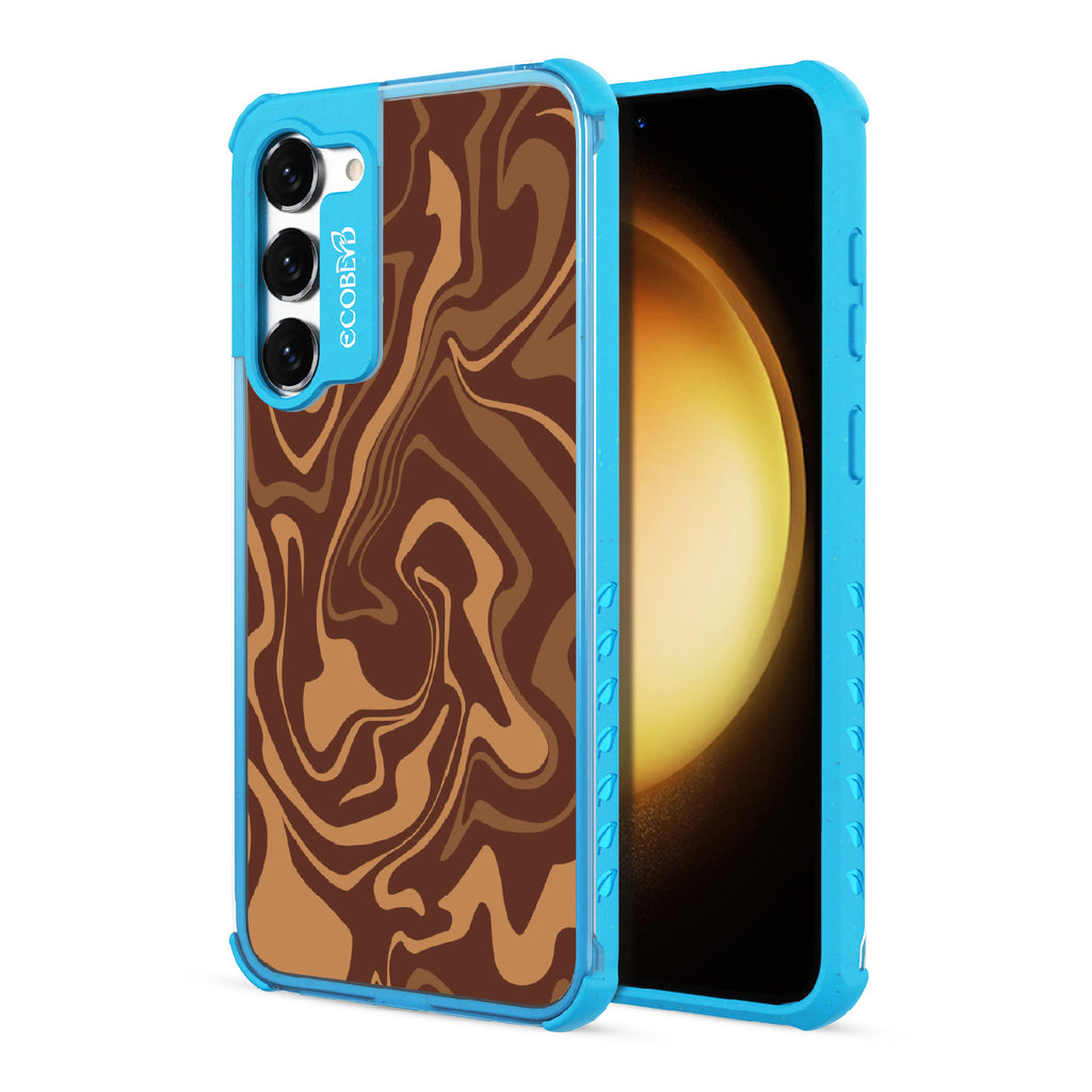 Front and back view of Samsung Galaxy S23 case, clear compostable phone case with blue ridges, Stirred & Swirled design