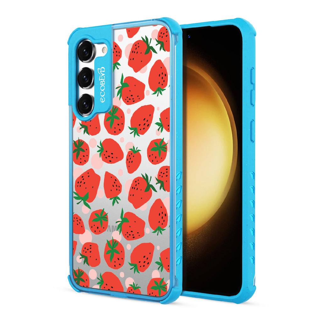Strawberry Fields - Back View Of Blue & Clear Eco-Friendly Galaxy S23 Case & A Front View Of The Screen