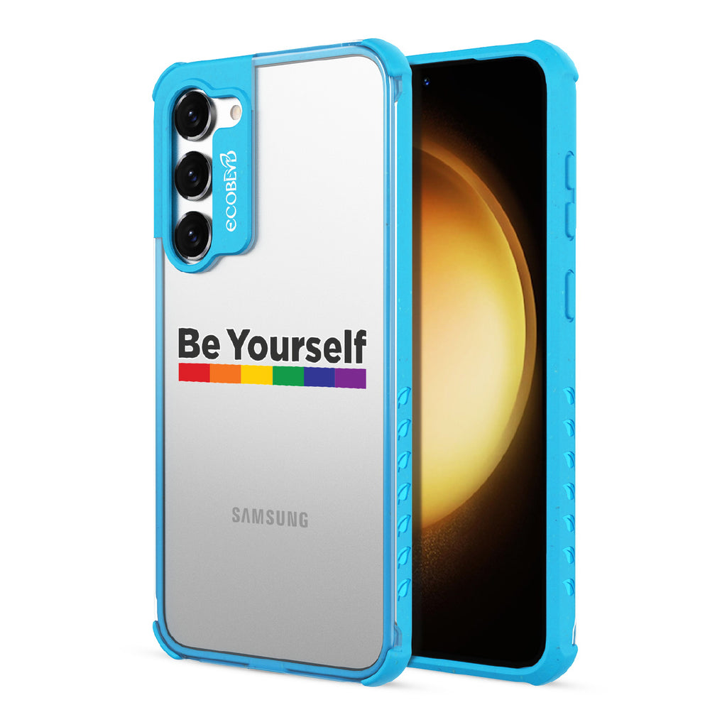 Be Yourself - Back View Of Blue & Clear Eco-Friendly Galaxy S23 Plus Case & A Front View Of The Screen