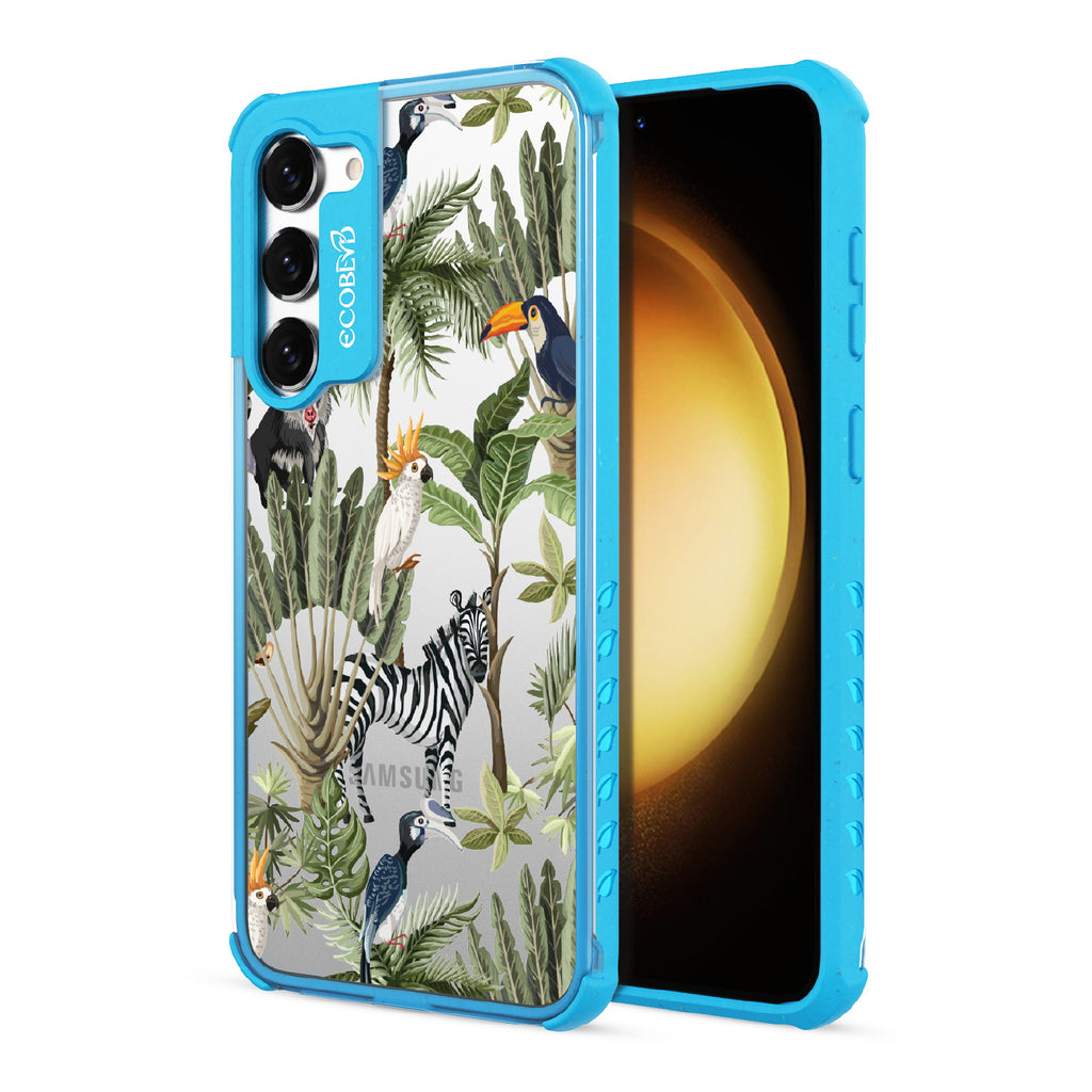 Toucan Play That Game - Back View Of Blue & Clear Eco-Friendly Galaxy S23 Plus Case & A Front View Of The Screen