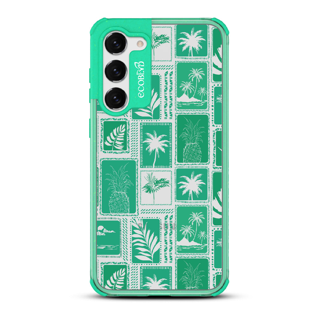 Oasis - Green Eco-Friendly Galaxy S23 Case With Tropical Shirt Palm Trees & Pineapple Print On A Clear Back