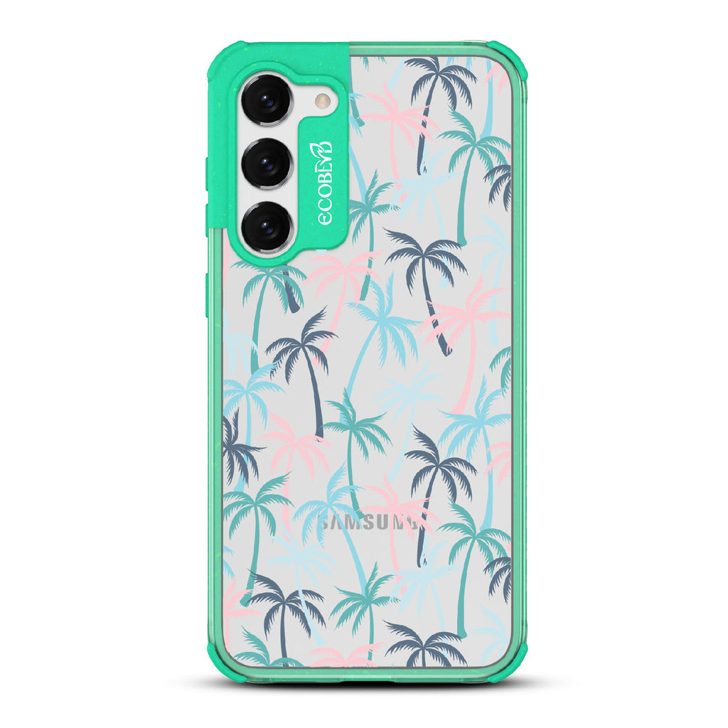 Cruel Summer - Green Eco-Friendly Galaxy S23 Case With Hotline Miami Colored Tropical Palm Trees On A Clear Back