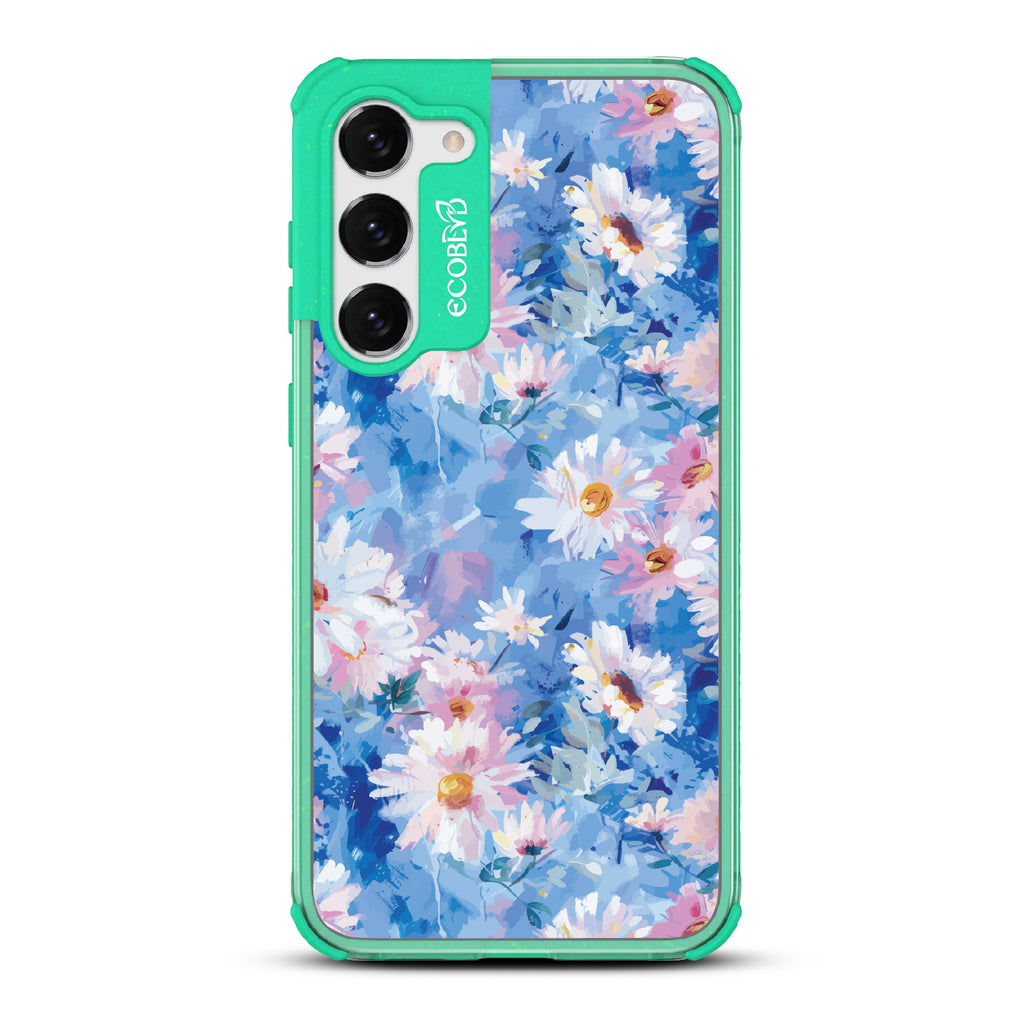 Samsung Galaxy S23 case, clear eco-friendly phone case with green ridges, back view, Blown Away design