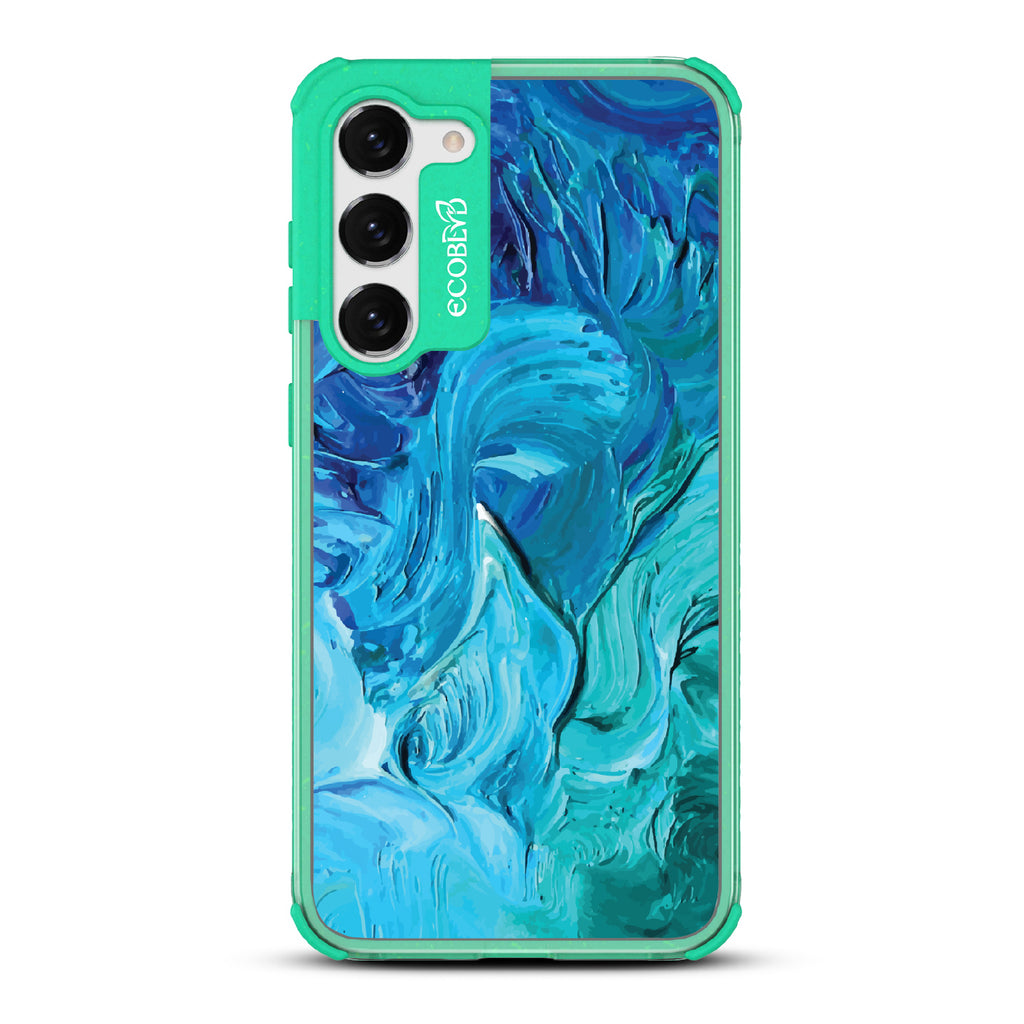 Samsung Galaxy S23 case, clear eco-friendly phone case with green ridges, back view, Oceanswept design