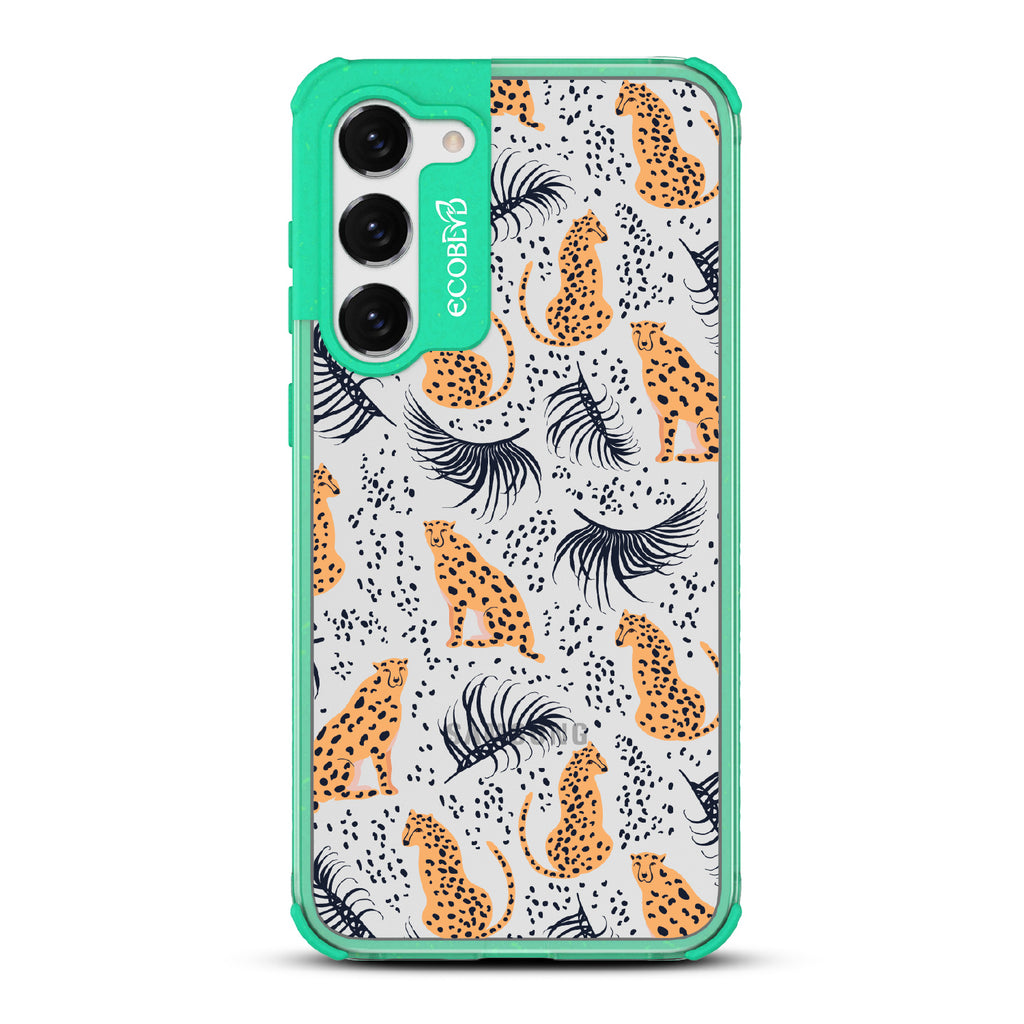 Feline Fierce - Green Eco-Friendly Galaxy S23 Plus Case With Minimalist Cheetahs With Spots and Reeds On A Clear Back
