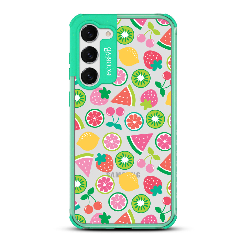 Juicy Fruit - Green Eco-Friendly Galaxy S23 Case With Various Colorful Summer Fruits On A Clear Back
