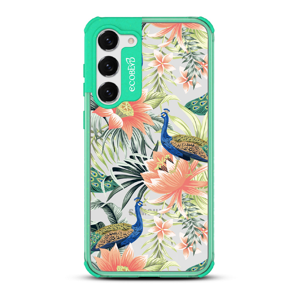 Peacock Palace - Green Eco-Friendly Galaxy S23 Case With Peacocks + Colorful Tropical Fauna On A Clear Back