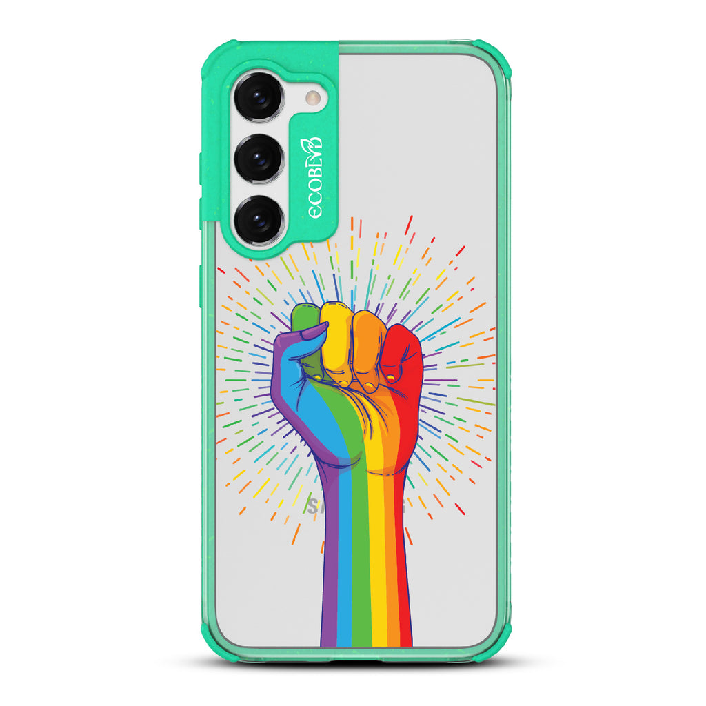 Rise With Pride - Green Eco-Friendly Galaxy S23 Plus Case With Raised Fist In Rainbow Colors On A Clear Back