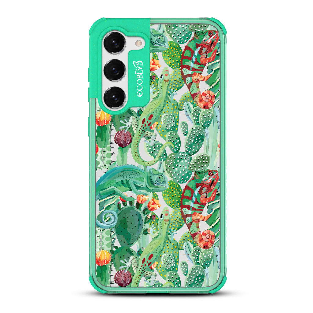 In Plain Sight - Green Eco-Friendly Galaxy S23 Case With Chameleons On Cacti On A Clear Back